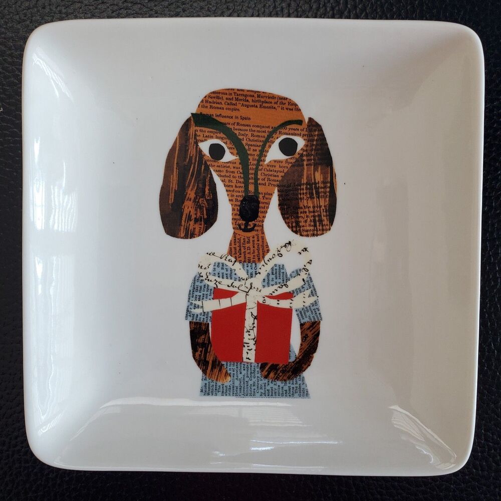 Pottery Barn Denise Fiedler Dachshund Present Square Dish 5 1/2 Inches